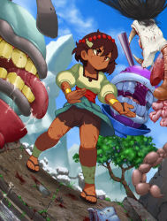 Rule 34 | 1girl, ajna (indivisible), ankle wrap, beads, bike shorts, bleeding, blood, brown hair, brown theme, cuts, dark-skinned female, dark skin, draw-till-death, hair ornament, highres, indivisible, injury, monster, sandals, scar, short hair, solo, standing, tan, torn clothes