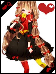 Rule 34 | 1girl, black dress, blush, brown hair, clover, dress, four-leaf clover, hair ribbon, heart, long hair, one eye closed, original, red eyes, red scarf, red thighhighs, ribbon, rinndouk, scarf, tattoo, thighhighs, twintails, yellow thighhighs