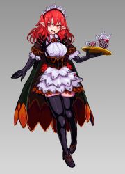 Rule 34 | 1girl, blouse, blush, cape, commentary request, corset, elbow gloves, eyebrows hidden by hair, fang, frills, full body, glasses, gloves, highres, holding, holding tray, liquid, looking at viewer, maid, maid headdress, medium hair, monster girl, open mouth, pitcher (container), pointy ears, red eyes, red hair, ribbon, shirt, shoes, simple background, skirt, slit pupils, solo, thighhighs, tray, udetamago, vampire, vampire (monster girl encyclopedia)