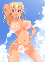 Rule 34 | 1girl, :o, arm up, armpits, bikini tan, blonde hair, breasts, cafe-chan to break time, convenient censoring, cowboy shot, day, hair ornament, hairclip, hand on own hip, large breasts, lens flare, long hair, looking at viewer, looking down, navel, nipples, nude, open mouth, original, pink eyes, porurin (do-desho), shiny skin, solo, tan, tanline, tea (cafe-chan to break time), thighs