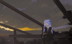 Rule 34 | 1girl, arm warmers, bare shoulders, belt, blue eyes, boots, cloud, cloudy sky, coat, evening, full body, highres, looking at viewer, mof, mof&#039;s silver haired twintailed girl, necktie, off shoulder, original, ruins, scenery, shirt, silver hair, sitting, sky, sleeveless, solo, town, twintails, white legwear, white shirt, yellow necktie