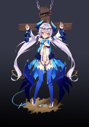 Rule 34 | 1girl, bad id, bad pixiv id, barefoot, blood, blue eyes, breasts, crucifixion, cum, cum in pussy, demon girl, demon horns, demon wings, detached sleeves, elsword, empty eyes, highres, horns, long hair, looking at viewer, luciela r. sourcream, nail, nipples, noblesse (elsword), pointy ears, pussy, silver hair, slave, small breasts, solo, tama (tamatamo), thighhighs, trembling, twintails, uncensored, very long hair, wings
