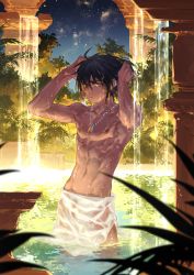 Rule 34 | 1boy, abs, arknights, arsh (thestarwish), bathing, black hair, cloud, commentary request, dark-skinned male, dark skin, jewelry, looking at viewer, male focus, muscular, necklace, night, night sky, ornament, see-through silhouette, sky, solo, star (sky), starry sky, thorns (arknights), topless male, washing hair, water, waterfall, wet, wet clothes, wet towel, yellow eyes