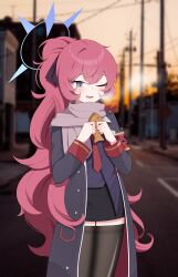 Rule 34 | 1girl, absurdres, armband, black coat, black skirt, black thighhighs, blue archive, blue halo, blush, brown scarf, coat, food, grey eyes, hair between eyes, halo, highres, holding, holding food, iroha (blue archive), long hair, long sleeves, nord (expc4752), one eye closed, open clothes, open coat, open mouth, red armband, red hair, safety pin, scarf, skirt, smile, solo, taiyaki, thighhighs, wagashi
