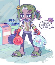 Rule 34 | 1boy, anger vein, bag, black pants, commentary request, commission, dark-skinned male, dark skin, green footwear, green hair, hair ornament, hairclip, highres, holding, holding bag, inkling, inkling boy, inkling player character, korean commentary, korean text, medium hair, mittens, nintendo, octoling, octoling boy, octoling player character, pants, shopping bag, short ponytail, slippers, speech bubble, splatoon (series), tentacle hair, toes, translation request, ufo sw, unamused
