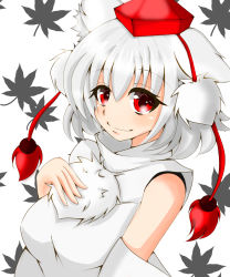 Rule 34 | 1girl, animal ears, bare shoulders, blush, breasts, closed mouth, detached sleeves, exp okt, hand on own chest, hat, highres, inubashiri momiji, leaf, leaf background, looking at viewer, medium breasts, pom pom (clothes), red eyes, shirt, short hair, silver hair, simple background, sleeveless, sleeveless shirt, smile, solo, tokin hat, touhou, turtleneck, white background, white shirt, wolf ears