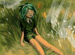 Rule 34 | 1other, androgynous, aqua hair, aqua mouth, arm support, black necktie, black shorts, bug, butterfly, closed eyes, collared shirt, crystal hair, dandelion, day, facing up, feet out of frame, flower, from above, highres, houseki no kuni, insect, necktie, on grass, open mouth, outdoors, phosphophyllite, puffy short sleeves, puffy sleeves, shirt, short hair, short shorts, short sleeves, shorts, sitting, smile, whale daisuki, white flower