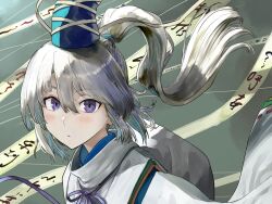 Rule 34 | 1girl, blue headwear, dress, expressionless, grey hair, hair flowing over, harapan-kun, highres, long hair, long sleeves, looking at viewer, mononobe no futo, ponytail, purple eyes, revision, solo, touhou, white dress, white sleeves