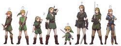 Rule 34 | absurdres, blonde hair, boots, brown footwear, brown hair, fingerless gloves, gloves, green headwear, hat, highres, holding, holding sword, holding weapon, link, male focus, master sword, multiple boys, multiple persona, nintendo, pointy ears, ponytail, redlhzz, scabbard, serious, sheath, short ponytail, smile, standing, strap, sword, the legend of zelda, the legend of zelda: a link to the past, the legend of zelda: breath of the wild, the legend of zelda: ocarina of time, the legend of zelda: skyward sword, the legend of zelda: the wind waker, the legend of zelda: twilight princess, the legend of zelda (nes), toon link, weapon, weapon on back, young link