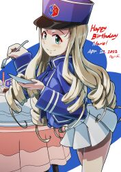 Rule 34 | 1girl, absurdres, bc freedom (emblem), bc freedom military uniform, birthday cake, blonde hair, blue hat, blue jacket, cake, character name, closed mouth, cowboy shot, dated, drill hair, emblem, english text, food, fork, girls und panzer, green eyes, happy birthday, hat, highres, holding, holding fork, holding saucer, jacket, kepi, kuroneko douji, leaning forward, long hair, long sleeves, looking at viewer, marie (girls und panzer), military hat, military uniform, miniskirt, pleated skirt, saucer, skirt, smile, solo, standing, table, uniform, white skirt