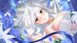 Rule 34 | 1girl, azur lane, belfast (azur lane), belfast (the pledge of claddagh) (azur lane), belfast (the pledge of claddagh) (azur lane), blue eyes, blue flower, blue rose, bouquet, breasts, bride, chain, cleavage, dress, earrings, flower, from side, gold chain, highres, jewelry, large breasts, long hair, looking at viewer, lying, marumai, on back, rose, solo, strapless, strapless dress, tiara, white dress