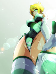 Rule 34 | 1girl, :q, aimo (aimo1214), akatsuki kirika, blonde hair, blush, breasts, cameltoe, cleft of venus, covered erect nipples, covered navel, elbow gloves, from below, gloves, green eyes, green leotard, highres, large breasts, leotard, leotard pull, looking at viewer, naughty face, senki zesshou symphogear, shiny skin, short hair, skin tight, smile, solo, standing, striped clothes, striped thighhighs, thighhighs, thighhighs pull, tongue, tongue out