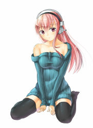 Rule 34 | 1girl, bare shoulders, black thighhighs, blush, breasts, cleavage, headphones, large breasts, long hair, looking at viewer, naked sweater, nitroplus, pink eyes, pink hair, puonta, solo, super sonico, sweater, thighhighs