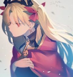 Rule 34 | 1girl, blonde hair, cape, closed mouth, earrings, ereshkigal (fate), eyebrows, eyelashes, eyes visible through hair, facing away, fate/grand order, fate (series), frown, hair intakes, hair ribbon, hand up, hood, hood down, jewelry, long hair, looking at viewer, mebaru, red cape, red eyes, red ribbon, ribbon, silver background, solo, tears, tiara, tohsaka rin, turtleneck, twintails, upper body