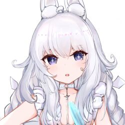 Rule 34 | 1girl, animal ears, azur lane, blue eyes, breasts, fake animal ears, fan (ariku), food, highres, ice cream, le malin (azur lane), long hair, looking at viewer, small breasts, solo, upper body, white background, white hair