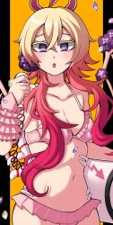 Rule 34 | 1jumangoku, :o, bikini, black border, blonde hair, border, breasts, cable, collarbone, colored eyelashes, corded phone, cq tenshi hamuel, flower, flower in eye, frilled bikini, frills, gradient hair, hair flower, hair ornament, hair over shoulder, hair ribbon, highres, holding, holding cannon, holding phone, long hair, looking at viewer, magical girl, mahou shoujo ikusei keikaku, mahou shoujo ikusei keikaku aces, mahou shoujo ikusei keikaku queens, medium breasts, multicolored hair, navel, open mouth, petals, phone, pillarboxed, pink bikini, pink hair, purple eyes, purple flower, raised eyebrows, ribbon, skeletal wings, spaghetti strap, stomach, swimsuit, symbol in eye, wings, yellow background