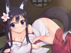 Rule 34 | 1girl, animal ears, bell, black hair, breasts, cleavage, clothes pull, flower, fox ears, fox tail, hair bell, hair between eyes, hair flower, hair ornament, japanese clothes, long hair, lying, miko, no panties, off shoulder, on side, open clothes, pants, pants pull, purple eyes, smile, solo, tail, tatami, utsurogi akira