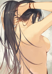 Rule 34 | 1girl, armpits, arms up, back, backboob, black hair, blue eyes, blush, breasts, from behind, hands in hair, katou itsuwa, large breasts, long hair, nude, original, ponytail, simple background, solo, wristband, x-ray