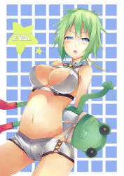 Rule 34 | 10s, 1girl, aquarion (series), aquarion evol, bad id, bad pixiv id, blue eyes, breasts, cameltoe, cleavage, cleavage cutout, clothing cutout, eguegu, green hair, highres, large breasts, midriff, navel, open mouth, revealing clothes, short shorts, shorts, solo, star (symbol), zessica wong