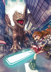 Rule 34 | 1girl, bad id, bad pixiv id, brown eyes, brown hair, building, chainsaw, city, destruction, dragon, epic, gold dragon, golden dragon, highres, nikerabi, open mouth, pixiv festa, ponytail, road, torn clothes