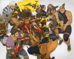 Rule 34 | 6+boys, anal, armor, bara, black hair, blonde hair, blush, boots, brown hair, capcom, censored, character request, cigarette, clenched teeth, closed eyes, clothed sex, dark-skinned male, dark skin, earrings, erection, fangs, flaccid, foreskin, full body, glans, group sex, handjob, hermitaur (armor), highres, holding legs, horns, interspecies, jewelry, licking, lying, male focus, male penetrated, masturbation, monster, monster hunter (series), multiple boys, muscular, muscular male, on back, one eye closed, orgy, penis, pointy ears, pubic hair, rajang, rajang (armor), restrained, scar, sex, simple background, size difference, sleeveless, smoking, sweat, tears, teeth, testicles, tongue, torn clothes, undressing, white hair, wince, yaoi, yoroi