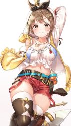 Rule 34 | 1girl, 3:, arm up, atelier (series), atelier ryza, atelier ryza 1, belt, beret, breasts, brown eyes, brown footwear, brown hair, cleavage, collarbone, flask, hair ornament, hairclip, hat, highres, hood, hood down, jewelry, large breasts, looking at viewer, midriff, navel, necklace, r o ha, red shorts, reisalin stout, shirt, short hair, short shorts, shorts, simple background, solo, star (symbol), test tube, thighhighs, thighs, white background, white hat, white shirt