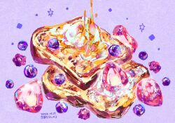 Rule 34 | blueberry, bread, bread slice, food, food focus, french toast, fruit, highres, kiato, no humans, original, purple background, signature, simple background, sparkle, strawberry, syrup, toast