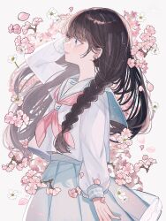 Rule 34 | 1girl, :d, arm at side, blue eyes, blunt bangs, blush, braid, cherry blossoms, cowboy shot, earrings, floating hair, flower, from side, grey sailor collar, grey skirt, hair over shoulder, hand in own hair, harumi nimu, highres, jewelry, long hair, long sleeves, looking ahead, neckerchief, open mouth, original, petals, pink flower, pink neckerchief, pleated skirt, profile, sailor collar, school uniform, serafuku, shirt, side braid, sidelocks, simple background, skirt, sleeve cuffs, smile, solo, stud earrings, white background, white shirt