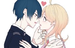 Rule 34 | 1boy, 1girl, akamatsu kaede, bad id, bad twitter id, black hair, blonde hair, blush, couple, danganronpa (series), eye contact, hand on another&#039;s chin, hair ornament, hand on another&#039;s shoulder, heart, imminent kiss, long hair, looking at another, musical note, musical note hair ornament, necktie, danganronpa v3: killing harmony, parted lips, purple eyes, quaver, saihara shuichi, school uniform, simple background, sweater vest