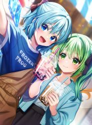 Rule 34 | 2girls, black skirt, blue bow, blue eyes, blue hair, blue jacket, blue shirt, blush, bow, bubble tea, cirno, closed mouth, daiyousei, drink, drinking straw, fairy, fairy wings, green eyes, green hair, hair bow, highres, holding, holding drink, ice, ice wings, jacket, long hair, multiple girls, nora wanko, open clothes, open jacket, open mouth, shirt, short hair, side ponytail, skirt, smile, touhou, white shirt, wings