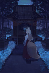 Rule 34 | 1girl, animal ears, forest, fox ears, fox girl, fox tail, full body, highres, japanese clothes, large tail, miko, nature, night, original, outdoors, scenery, shrine, sou (pale 1080), standing, statue, tail