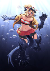 Rule 34 | 1girl, :d, air bubble, animal hands, barbariank, bikini, blonde hair, blue eyes, bubble, commentary, copella (surechigai fishing), coraline (ultimate angler), english commentary, fins, fish girl, full body, head fins, highres, looking at viewer, monster girl, monster girl encyclopedia, monsterification, navel, open mouth, sahuagin (monster girl encyclopedia), scales, smile, solo, surechigai fishing, swimsuit, tail, ultimate angler, underwater, visor cap