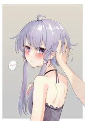Rule 34 | 1girl, ahoge, bare back, bare shoulders, blush, commentary request, dress, embarrassed, from behind, hair ornament, halter dress, halterneck, hand on another&#039;s head, highres, looking back, nail polish, purple eyes, purple hair, ruffling hair, short hair with long locks, simple background, solo, solo focus, spoken blush, vocaloid, voiceroid, yuzuki yukari, zooanime