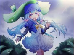 Rule 34 | 1girl, absurdres, amami ami, blue eyes, blue hair, bow, cloud, cloudy sky, commission, dress, flower, flower on head, frog, hair ornament, hat, highres, jacket, knees up, leaves, long hair, looking at viewer, open mouth, prism project, rain, rainbow, shirt, skirt, sky, smile, umbrella, virtual youtuber, wallpaper
