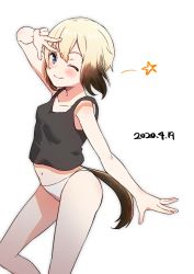 Rule 34 | 1girl, ;), absurdres, black shirt, blonde hair, blue eyes, brown hair, closed mouth, commentary, dated, dog tail, erica hartmann, highres, looking at viewer, multicolored hair, navel, one eye closed, panties, rin mokkomoko, shirt, short hair, simple background, smile, solo, standing, star (symbol), strike witches, tail, tank top, underwear, underwear only, w, white background, white panties, world witches series