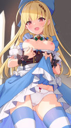 Rule 34 | 1girl, blonde hair, blue bow, blue dress, blue thighhighs, bow, bow panties, breasts, clothes lift, cowboy shot, dress, dress lift, fang, gluteal fold, hair bow, hair ornament, heart, highres, lifted by self, long hair, looking at viewer, medium breasts, nipples, open mouth, panties, red bow, red eyes, smile, solo, striped clothes, striped thighhighs, thighhighs, umeyuki, underwear, white panties, wrist cuffs
