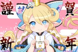 Rule 34 | 1girl, blonde hair, blue eyes, bow, charlotta (granblue fantasy), commentary request, crown, eyes visible through hair, flipped hair, granblue fantasy, hair bow, happy new year, harvin, hirob816, holding, japanese clothes, large bow, long hair, looking at viewer, new year, otoshidama, pointy ears, smile, solo, upper body