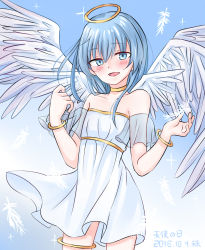 Rule 34 | 1boy, ansatsu kyoushitsu, bangle, blue eyes, blue hair, blush, bracelet, choker, collarbone, crossdressing, detached sleeves, dress, feathered wings, feathers, halo, jewelry, long hair, looking at viewer, male focus, open mouth, shiota nagisa, simple background, smile, solo, tenten (kitty), trap, wings