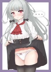 Rule 34 | 1girl, black bow, black skirt, black thighhighs, blouse, bow, bow panties, breasts, cleft of venus, closed mouth, clothes lift, cowboy shot, embarrassed, female focus, frilled shirt, frills, garagarajp, grey hair, hair bow, high-waist skirt, highres, legs together, lifted by self, long hair, long sleeves, looking at viewer, neckerchief, panties, petite, pink bow, purple background, red eyes, red neckerchief, shirt, simple background, skirt, skirt lift, small breasts, solo, sophie twilight, standing, thighhighs, tonari no kyuuketsuki-san, two-tone background, underwear, vampire, white background, white panties, white shirt