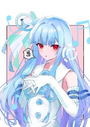 Rule 34 | 1girl, bare shoulders, blue hair, blue ribbon, blunt bangs, blush, border, collarbone, dress, elbow gloves, flower knot, fujifuji0330, gloves, hair intakes, hair ribbon, highres, holographic interface, interlocked fingers, kotonoha aoi, light blush, long hair, looking at viewer, microphone, musical note, official alternate costume, open mouth, outside border, own hands together, pink background, red eyes, ribbon, sidelocks, sleeveless, sleeveless dress, solo, spiked ear piercing, spoken squiggle, squiggle, synthesizer v, upper body, v-shaped eyebrows, voiceroid, white border, white dress, white gloves
