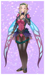 Rule 34 | 1girl, absurdres, alternate costume, black pantyhose, blonde hair, blush, breasts, bridal gauntlets, cleavage, commentary request, commission, cosplay, covered navel, drill hair, emmeryn (fire emblem), facial mark, fairy wings, fake wings, fire emblem, fire emblem awakening, fire emblem heroes, forehead mark, full body, green eyes, hair ornament, hazuki (nyorosuke), highres, large breasts, leotard, long hair, nintendo, pantyhose, pink leotard, plumeria (fire emblem), plumeria (fire emblem) (cosplay), sandals, skeb commission, solo, wings