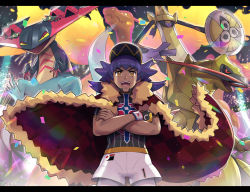 Rule 34 | 1boy, :d, aegislash, baseball cap, black shirt, brown eyes, cape, champion uniform, charizard, commentary, confetti, cowboy shot, creatures (company), crossed arms, dark-skinned male, dark skin, dragapult, dragon, dreepy, dynamax band, facial hair, fire, fur-trimmed cape, fur trim, game freak, gen 1 pokemon, gen 5 pokemon, gen 6 pokemon, gen 8 pokemon, gigantamax, gigantamax charizard, gloves, gonzarez, hat, haxorus, highres, leggings, leon (pokemon), letterboxed, long hair, looking at another, looking at viewer, male focus, nintendo, open mouth, partially fingerless gloves, pokemon, pokemon (creature), pokemon swsh, print shirt, purple hair, red cape, shirt, short shorts, short sleeves, shorts, single glove, smile, standing, teeth, upper teeth only, white leggings, white shorts