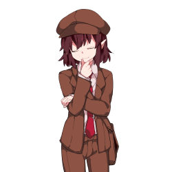 Rule 34 | 1girl, bad id, bad pixiv id, bag, blazer, brown hair, brown hat, brown jacket, brown shorts, cabbie hat, closed eyes, closed mouth, cocked eyebrow, collared shirt, crossed arms, d:, forbidden scrollery, hammer (sunset beach), hat, head tilt, highres, jacket, necktie, no wings, open mouth, own hands together, pointy ears, shameimaru aya, shameimaru aya (newsboy), shirt, short hair, shorts, shoulder bag, smile, solo, thinking, tie clip, touhou