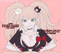 Rule 34 | 1girl, assertive female, bear hair ornament, blonde hair, blue eyes, bow, breasts squeezed together, breasts, choker, collared dress, danganronpa (series), dress, english text, enoshima junko, failureofasavior, fingernails, grin, hair ornament, hetero, large breasts, looking at viewer, nail polish, paizuri, paizuri under clothes, pov, red bow, red nails, simple background, smile, solo focus, upper body