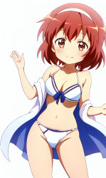 Rule 34 | 1girl, bare shoulders, bikini, breasts, brown eyes, closed mouth, collarbone, dot nose, dozdraw, female focus, headband, highres, inokuma youko, kin-iro mosaic, legs, looking at viewer, medium breasts, medium hair, navel, red hair, simple background, smile, solo, standing, swimsuit, white background