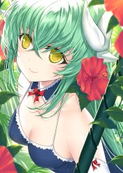 Rule 34 | 1girl, blue one-piece swimsuit, blurry, blurry foreground, bow, bowtie, breasts, cleavage, closed mouth, collarbone, detached collar, fate/grand order, fate (series), flower, green hair, hair between eyes, hibiscus, horns, kiyohime (fate), kiyohime (fate/grand order), kiyohime (swimsuit lancer) (fate), kiyohime (swimsuit lancer) (second ascension) (fate), long hair, medium breasts, morizono shiki, one-piece swimsuit, red bow, red bowtie, red hair, school swimsuit, sideboob, smile, solo, swimsuit, upper body, very long hair, yellow eyes