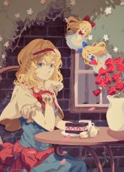 Rule 34 | 1girl, :/, alice margatroid, back bow, blonde hair, blue bow, blue bowtie, blue dress, blue eyes, bow, bowtie, brick wall, cake, cake slice, capelet, chair, closed mouth, commentary, copyright notice, cowboy shot, cup, dress, eyelashes, flower, food, frilled hairband, frilled sleeves, frills, fruit, hair between eyes, hair bow, hairband, highres, holding, hourai doll, ivy, long hair, looking at viewer, on chair, outdoors, puffy short sleeves, puffy sleeves, red bow, red bowtie, red flower, red hairband, red rose, rose, saucer, shanghai doll, short sleeves, sitting, solo, strawberry, sugar cube, table, teacup, touhou, vase, watermark, white capelet, white flower, white rose, window, wrist cuffs, yongyu366