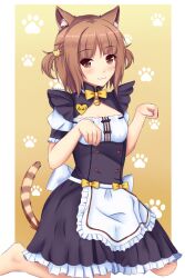 Rule 34 | 1girl, :3, animal ear fluff, animal ears, apron, azuki (nekopara), back bow, barefoot, black shirt, black skirt, blunt bangs, blush, border, bow, bowtie, breasts, brown eyes, brown hair, cat ears, cat girl, cat hair ornament, cat tail, character name, cleavage, cleavage cutout, closed mouth, clothing cutout, commentary, english commentary, frilled apron, frilled skirt, frills, hair ornament, hands up, heart-shaped ornament, kneeling, knees out of frame, llukik, looking at viewer, medium hair, nekopara, parted bangs, paw pose, paw print, puffy short sleeves, puffy sleeves, shirt, short sleeves, simple background, skirt, slit pupils, small breasts, smile, solo, straight hair, striped tail, tail, tail raised, twitter username, two side up, waist apron, white apron, white border, white bow, yellow background, yellow bow, yellow bowtie