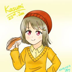 Rule 34 | 1girl, alice37125, artist name, artist request, beanie, blush, breasts, brown hair, collared shirt, crescent, crescent hair ornament, female focus, food, grey hair, hair ornament, hand on own hip, hat, highres, holding, holding food, light brown hair, light brown shirt, long sleeves, looking at viewer, love live!, love live! nijigasaki high school idol club, nakasu kasumi, orange sweater, parted lips, pink eyes, purple eyes, red hat, sandwich, shirt, short hair, small breasts, smile, solo, star (symbol), star hair ornament, sweater, upper body, wing collar
