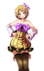 Rule 34 | 1girl, bare shoulders, black thighhighs, blonde hair, blush, breasts, detached sleeves, flower, hair flower, hair ornament, hands on own hips, highres, kagamine rin, medium breasts, project diva (series), short hair, smile, solo, thighhighs, thighs, tsukishiro saika, vocaloid, white background